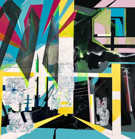 EMILIE DUVAL | THE ISLAND IV - DEMATERIALIZED EXISTENCE AND SUSTAINABILITY | ACRYLIQUE, ENCRE, MARQUEUR, PEINTURE AÉROSOL ET COLLAGES SUR TOILE | 48 X 48 POUCES | 2019