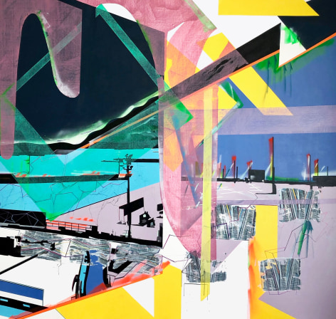 EMILIE DUVAL | THE ISLAND VII - THE PERMANENT MUTABILITY | ACRYLIQUE, ENCRE, MARQUEUR ET PEINTURE AÉROSOL SUR TOILE | 72 X 72 POUCES | 2019