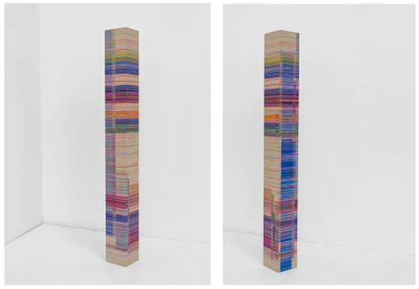 ANTONIETTA GRASSI | ALGORITHMIC PULSE (AFTER AGNES) &nbsp;| ACRYLIC, OIL AND INK ON BIRCH CUBE | 60 X 6 X 6 INCHES | 2025, &nbsp;