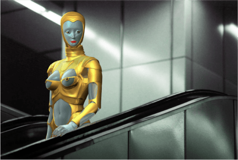 CLAUDIA HART | E AS THIERRY MUGLER'S SEXY ROBOT, VISITING VIENNA, 2003 | 3D MODEL INTEGRATED INTO PHOTOGRAPHY | PIGMENT, PRINT ON ARCHES WATERCOLOR PAPER 