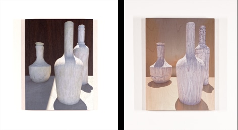 CLAUDIA HART | THE RUINS SERIES, MORANDI DAY AND MORANDI NIGHT | PIGMENT IN RESIN, WALNUT WOOD PANEL AND CHERRY WOOD PANEL, OAK FRAME | EACH 10.5 X 14 X 1.5 INCHES | 2021 AND 2022