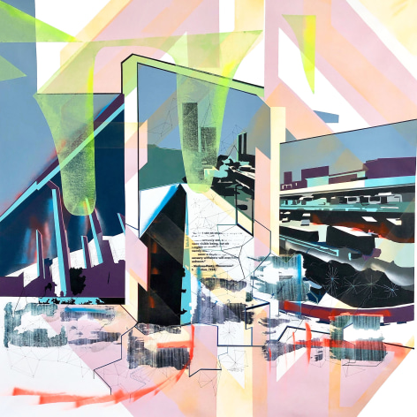 EMILIE DUVAL | THE ISLAND VI - PHENOMENOLOGY AND LIBERTY | ACRYLIQUE, ENCRE, MARQUEUR, PEINTURE AÉROSOL ET COLLAGES SUR TOILE | 60 X 60 POUCES | 2019