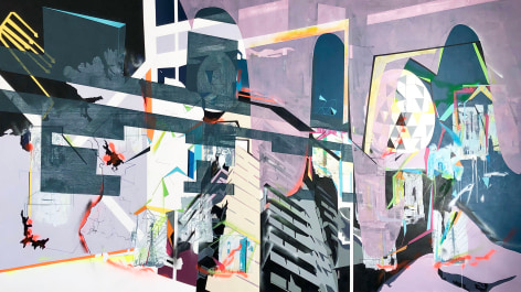 EMILIE DUVAL | WHITE FRONTIERS | ACRYLIQUE, ENCRE, MARQUEUR ET PEINTURE AÉROSOL SUR TOILE | 76 X 146 POUCES | 2019