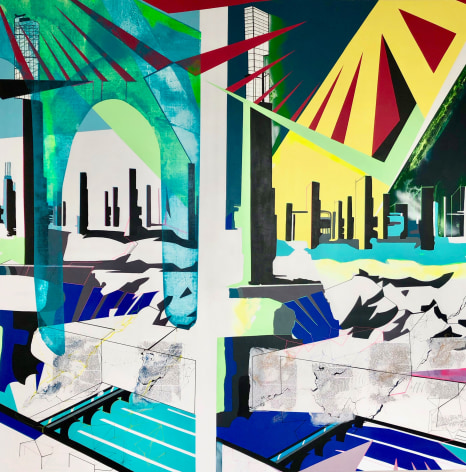 EMILIE DUVAL | THE ISLAND I - DEMATERIALIZED VERTICAL HETEROTOPOAS | ACRYLIQUE, ENCRE, MARQUEUR ET PEINTURE AÉROSOL SUR TOILE | 72 X 72 POUCES | 2019