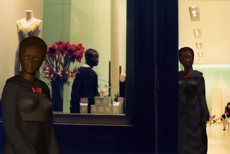 CLAUDIA HART | E AS REI KAWAKUBO, SHOPPING IN SOHO, NY, 2003 | 3D MODEL INTEGRATED INTO PHOTOGRAPHY | PIGMENT, PRINT ON ARCHES WATERCOLOR PAPER , THIS IMAGE USES A PHOTOGRAPH TAKEN BY LARRY BERCOW