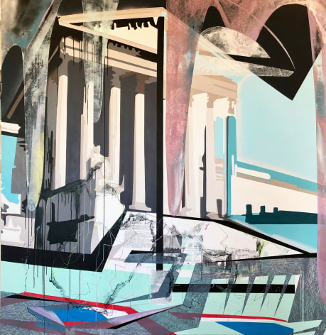 EMILIE DUVAL | REQUIEM FOR THE OLYMPUS | ACRYLIQUE, ENCRE, MARQUEUR ET PEINTURE AÉROSOL SUR TOILE | 78 X 78 POUCES | 2018