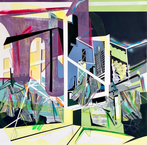 EMILIE DUVAL | THE ISLAND VIII - CONSCIOUSNESS AND FREE WILL | ACRYLIQUE, ENCRE, MARQUEUR ET PEINTURE AÉROSOL SUR TOILE | 48 X 48 POUCES | 2019