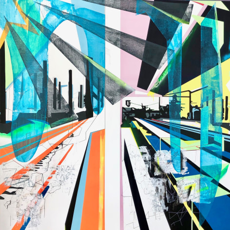 EMILIE DUVAL | THE ISLAND II - VERTICAL MOBILITY | ACRYLIQUE, ENCRE, MARQUEUR, PEINTURE AÉROSOL ET COLLAGES SUR TOILE | 72 X 72 POUCES | 2019