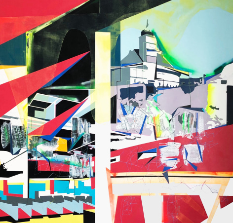 EMILIE DUVAL | THE ISLAND V - THE CASTLE | ACRYLIQUE, ENCRE, MARQUEUR, PEINTURE AÉROSOL ET COLLAGES SUR TOILE | 72 X 72 POUCES | 2019
