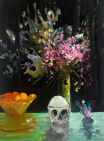 Deborah Brown, Self-Portrait with Japanese Screen Flower Vase Oranges and Glass Bird, 2021