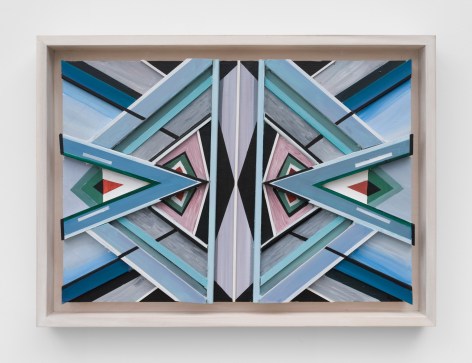 Karen Carson, Blue Triangles, 2020. Acrylic on bas relief wood. 21.5 x 29.5 x 3 in.