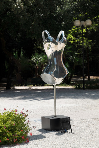 Rachel Hovnanian Body Armor II, The General, 2023 Polished aluminum, black painted bronze base with detachable steel disc