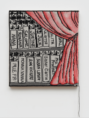 Lisa Anne Auerbach, Title Characters, 2023, Wool on canvas, 24 x 26 in (61 x 66 cm)