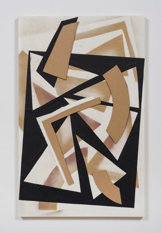 Untitled (gld.spry.blk.ppr.crdbrd.), 2016, Spray paint, graphite, glue, paper, cardboard, aluminum and wood panel