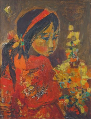 Ruth Schloss Israeli Girl in Red Oil on Canvas