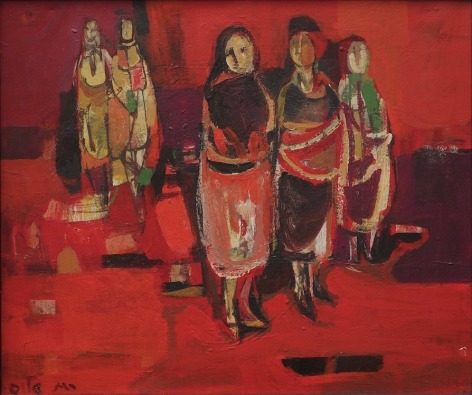 Ruth Schloss Israeli (1922 &ndash; 2013) Women at the Market Oil on Canvas H 13.75&rdquo; x W 16.25&rdquo; Signed in Hebrew Lower Left