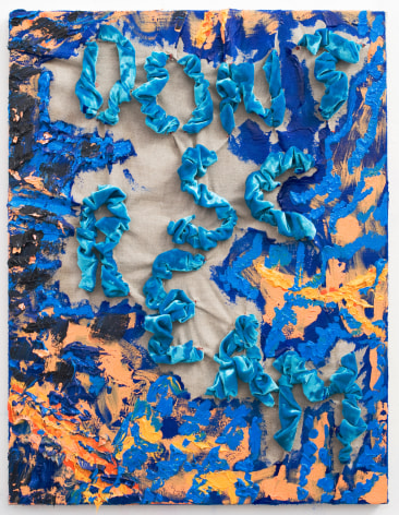 Gaby Collins-Fernandez, Blue Velvet DON&#039;T SCREAM Painting, 2014, oil and acrylic paint, fabric on linen, 21 x 16 inches