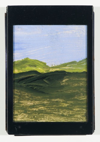 Frank Walter, Landscape, Green Hills, watercolor and oil on polaroid box cover&nbsp;w/ metal cartridge,&nbsp;5 1/4 x 3 3/4&nbsp;inches