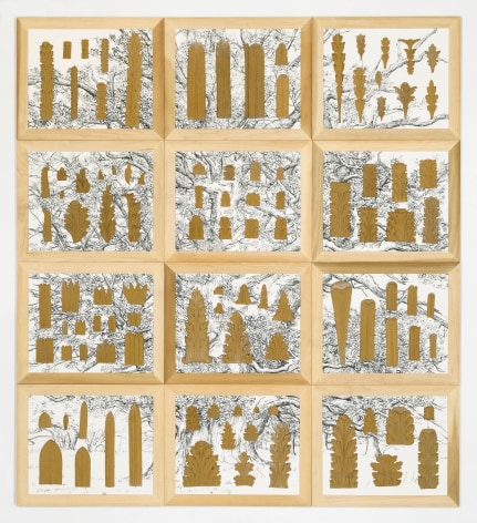 Ellen Harvey, Museum of Ornamental Leaves, 2015, pressed glue ornaments, clay board, acrylic, wood frames, varnish, 69.5 x 76.5 inches