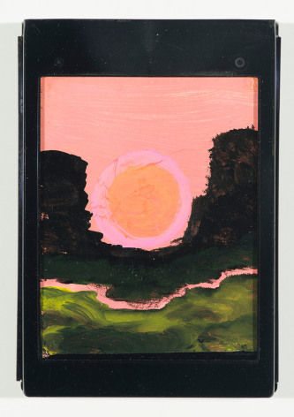 Frank Walter, Landscape, Pink Sky with Sunrise at the Saddle, watercolor and oil on polaroid box cover&nbsp;w/ metal cartridge, 5 1/4 x 3 3/4&nbsp;inches, &nbsp;
