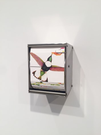 Ornithology P,&nbsp;2015,&nbsp;color screen print, stainless steel motor &amp;amp; electronics, 5 x 4.25 x 3.75 in.