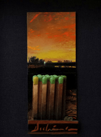 Michael Dubina, This Land Was Made for You and Me (Day 140), 2015, oil on matchbook, 3 3/4&nbsp;x 1 1/2&nbsp;inches