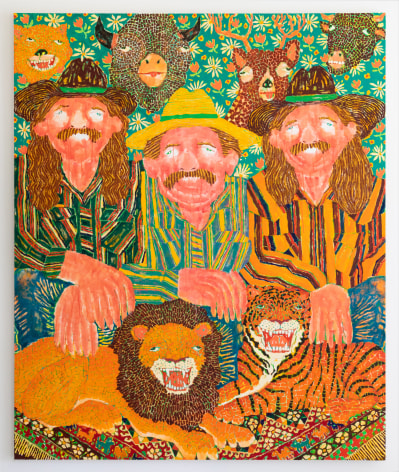 Multicolored paintings showing individuals next to lion, tiger, and other animals.