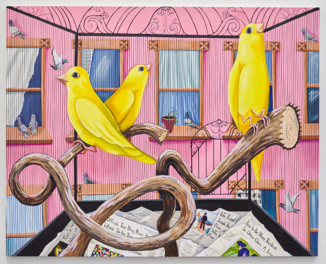 Oil painting showing three yellow canaries perched inside a cage