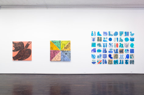 Three Emma Kohlmann pieces, hanging on gallery walls