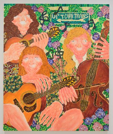 large painting of three female musicians with string instruments