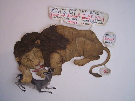 lion sleeping, with sign reading 'you can quiet the beast with drugs but he will dream of blood &amp; bone (yours) &amp; when the bell sounds, you are meat'