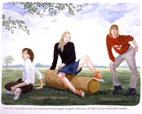 Painting of three women, reading 'strange, the moments like that when everything seems to break free and just drift and anything might happen'