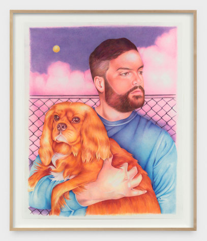 Penciled sketch of man holding dog