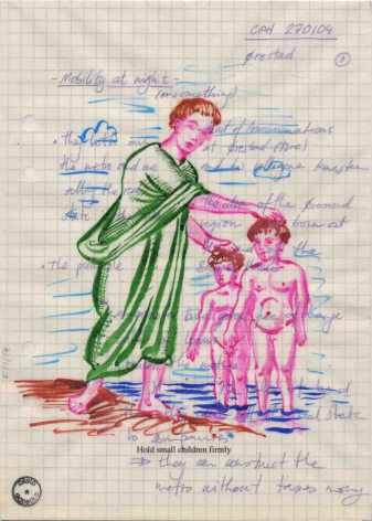 man with two children, drawn on found paper