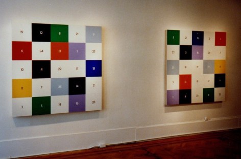 detail of two checkered paintings, with numbers corresponding to colors