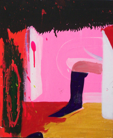 Red and pink painting, with person sitting