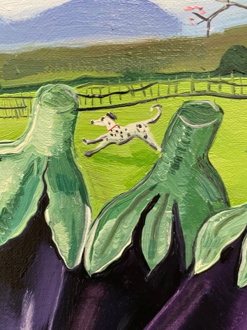 Closeup of painting showing dog running
