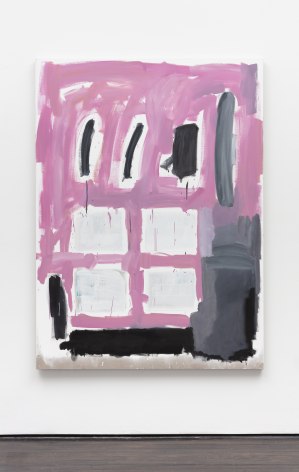Abstract painting featuring purple house like structure