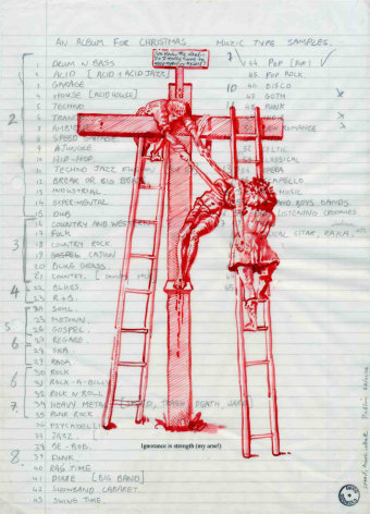 Man being taken down from cross, done on found notebook paper