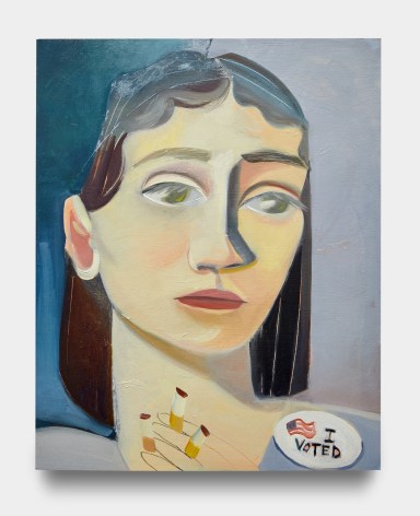 Painting of woman smoking with 'I voted' sticker on
