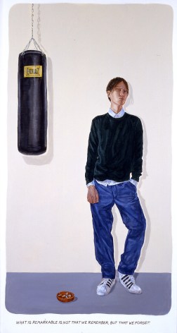 painting of individual in jeans next to punching bag