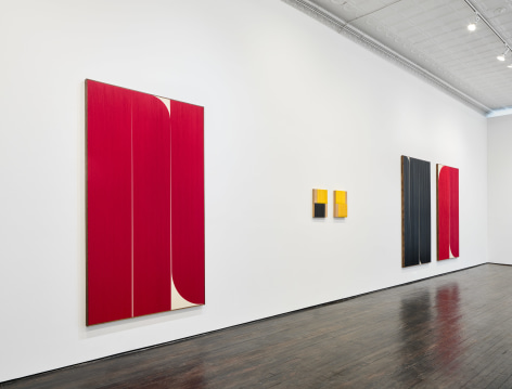 Gallery installation view of abstract paintings