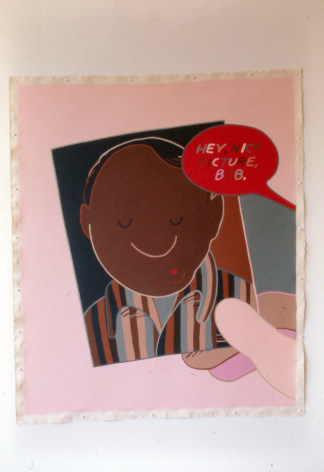 pink painting of boy in striped shirt. Text reading 'Hey, nice picture bob'