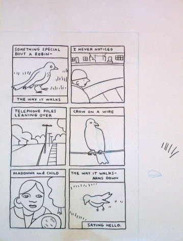 comic panel of bird perched on telephone wire