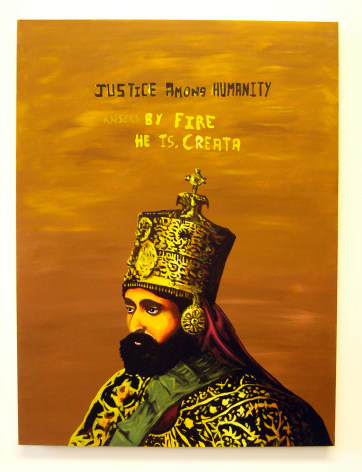 Portrait of king, with text reading ' Justice among Humanity'