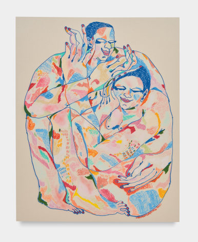 Multicolored acrylic work of couple in each other's arms