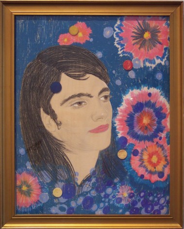 Painting of person with long hair amongst colorful flora