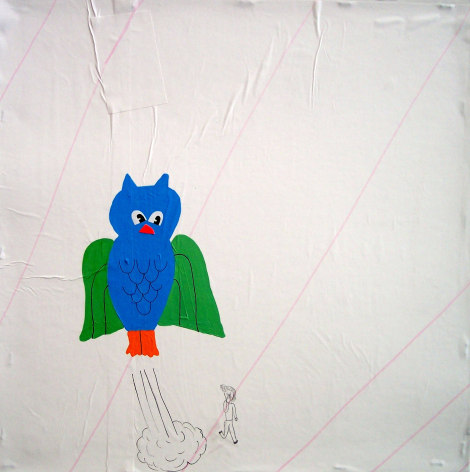 Blue painted owl next to small man