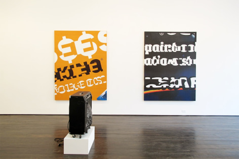 Two large text based paintings, blown guitar amplified sclupture