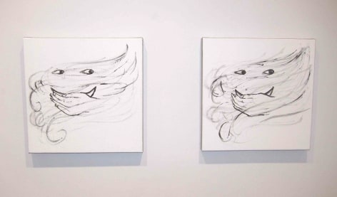 Two black and white paintings, hand covering mouth
